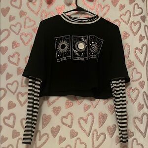 Black Graphic Tarot Card Crop Top with Striped Sleeves